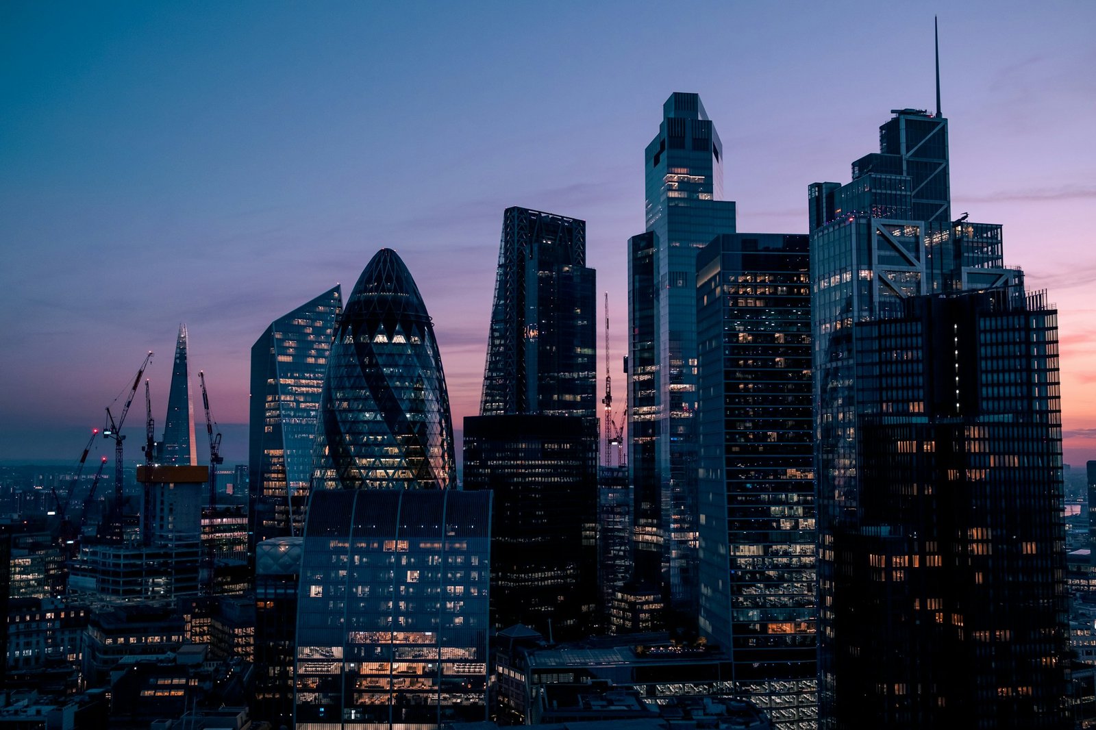 London financial district skyline at dusk